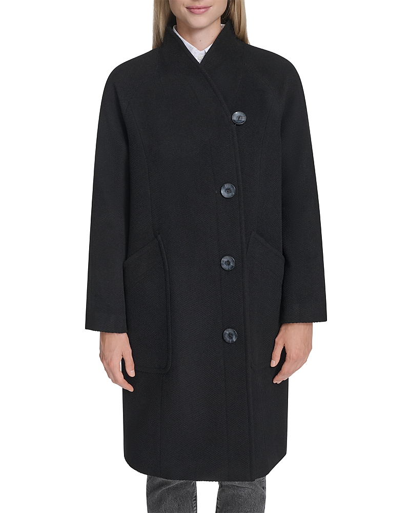 Cole Haan Asymmetric Closure Chevron Texture Wool Blend Coat