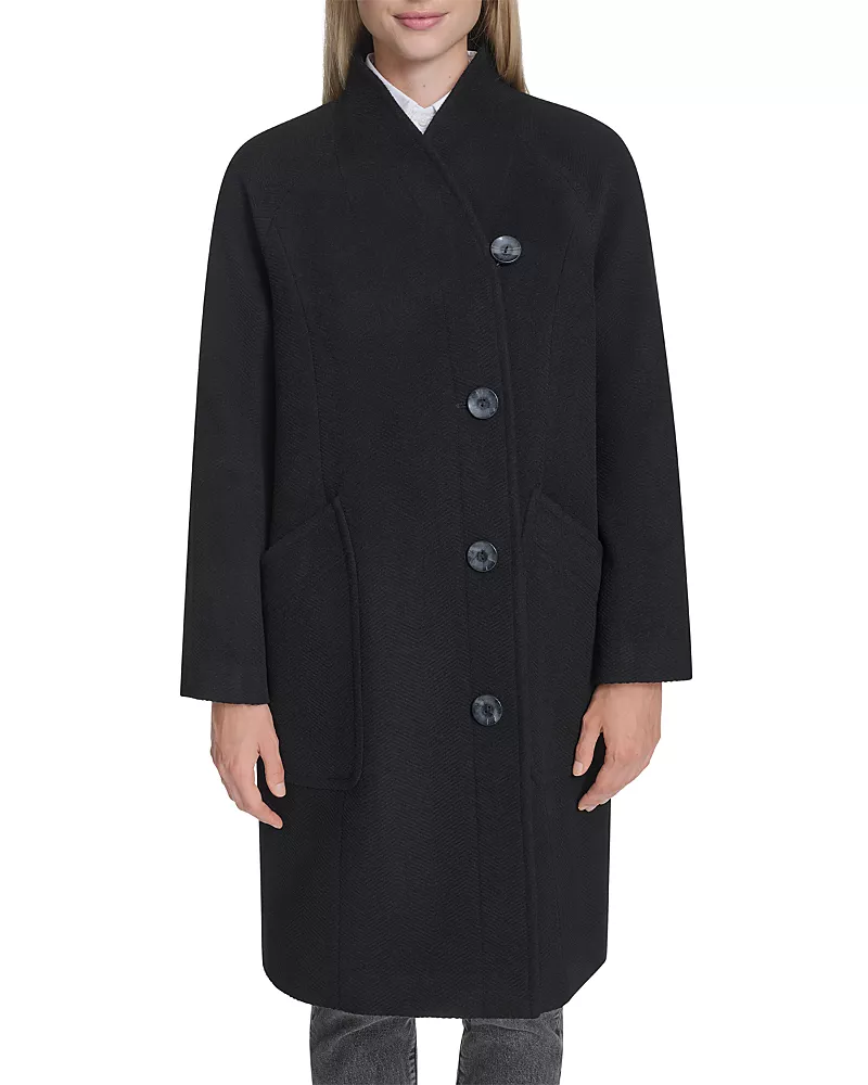 Cole Haan Asymmetric Closure Chevron Texture Wool Blend Coat