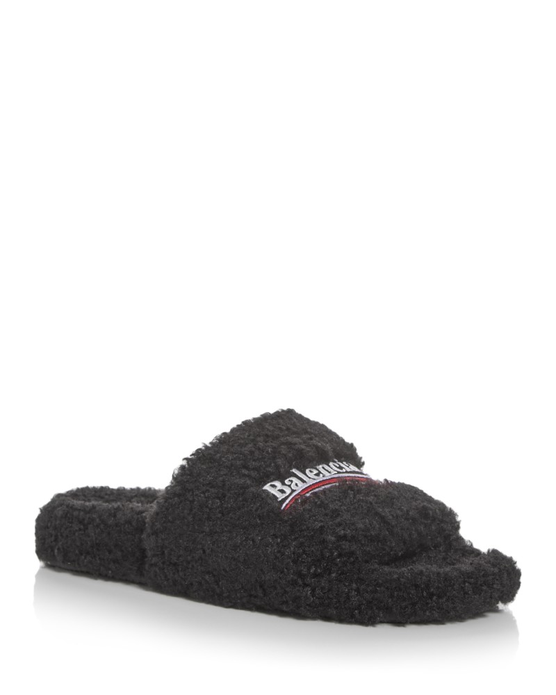 Balenciaga Women's Furry Slide Slippers in Black/Multi