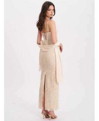  Raizell Beaded Sequin Bodycon Gown with Scarf