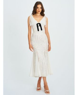  Paola Peter Pan Collar Beaded Sequin Mermaid Midi Dress