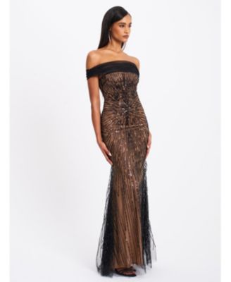 Qeturah Embroidered Sequin Off Shoulder Mesh Gown