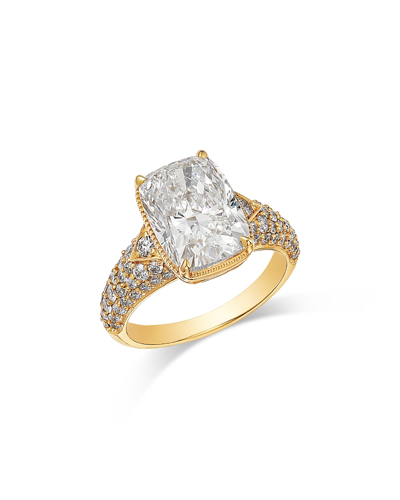 Bloomingdale's Fine Collection Luxe Collection Certified Lab Grown Diamond Elongated Cushion Engagement Ring with Pave Band in 18K Yellow Gold, 5.6 tcw