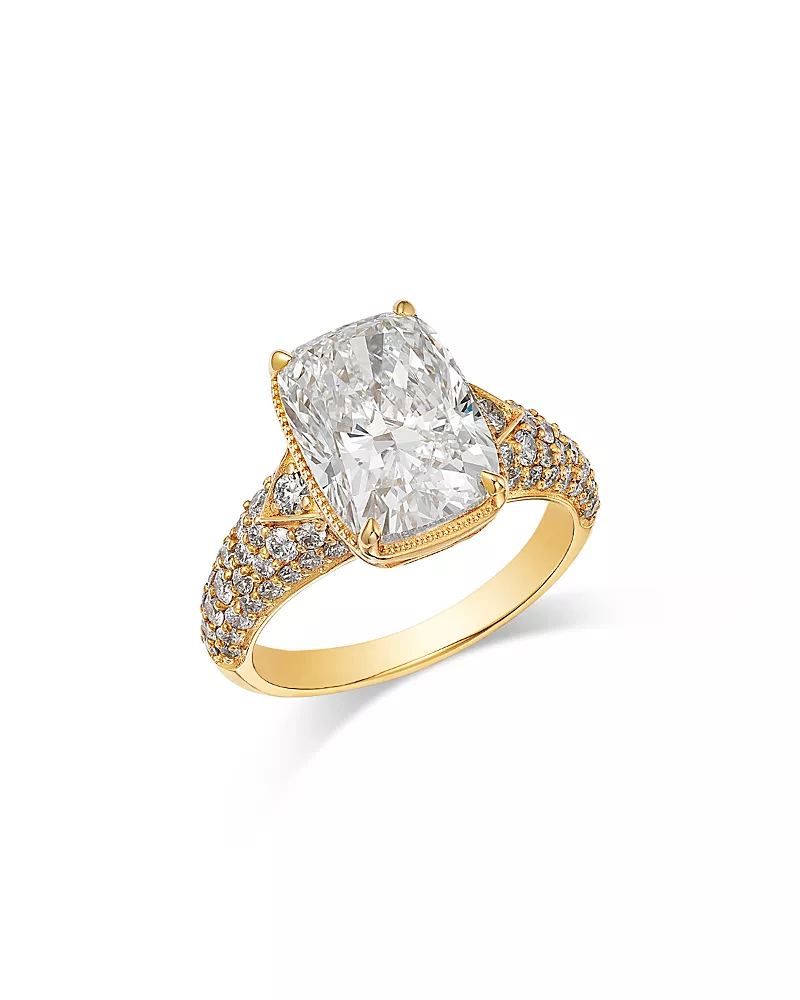 Bloomingdale's Fine Collection Luxe Collection Certified Lab Grown Diamond Elongated Cushion Engagement Ring with Pave Band in 18K Yellow Gold, 5.6 tcw