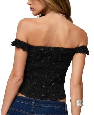 Jordana Ruffle Eyelet Off Shoulder Top