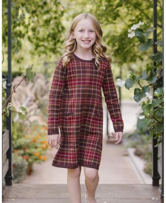  Girls' Organic Long Sleeve Bow Detail Intarsia Sweater Dress - Little Kid, Big Kid