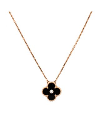 Vintage Alhambra Pendant Necklace 18K Rose Gold and Onyx with Diamond, 14.75 - 16.5"