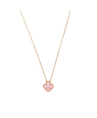  Vintage Alhambra Pendant Necklace 18K Rose Gold and Pink Sevres Porcelain with Diamond, 14.75 - 16.5"