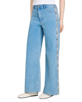 Calix Rhinestone Trim High Rise Wide Leg Jeans in Blue Jean