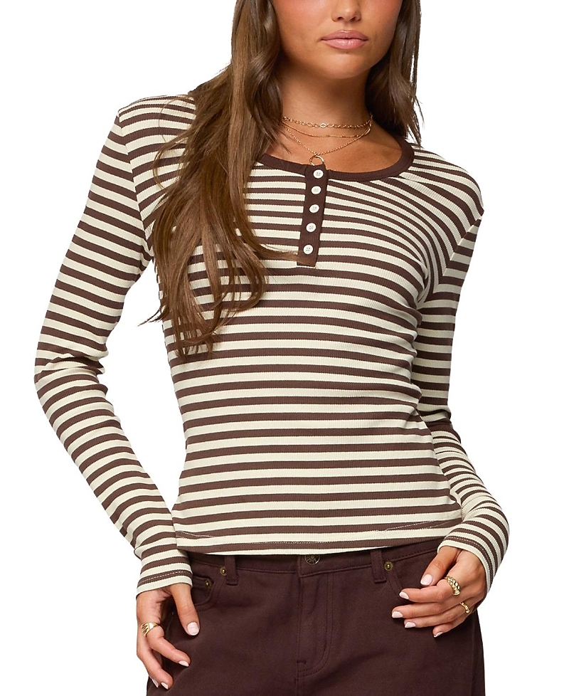 Edikted Roma Stripe Rib Henley Top In Brown