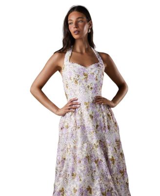  Printed Lace Halter Neck Midi Dress