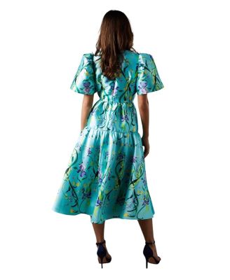  Twill Puff Sleeve Printed Midi Dress
