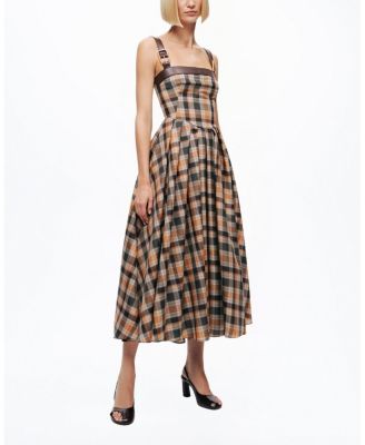  Plaid Pleated Maxi Dress with Faux Leather Belt