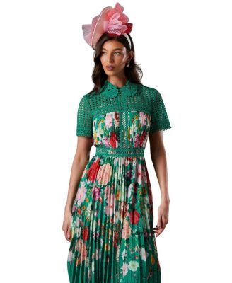 Lisa Tan Lace Pleated Printed Midi Dress