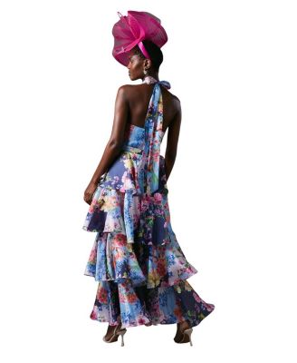 Cross Neck Printed Frill Skirt Dress