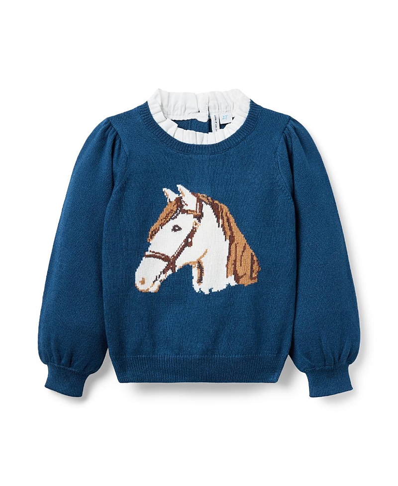 Janie and Jack Girls' Horse Ruffle Collar Sweater - Baby, Little Kid, Big Kid