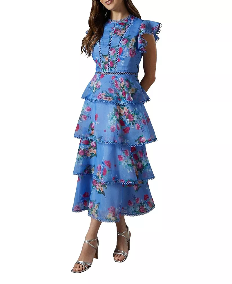 Coast Lace Trim Tiered Organza Midi Dress