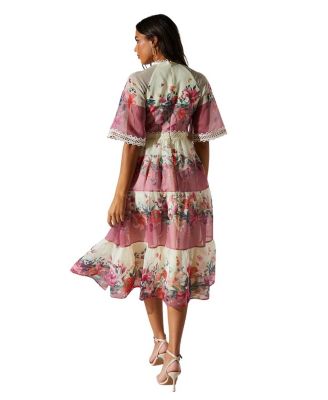 Organza Floral Tiered Lace Trim Dress