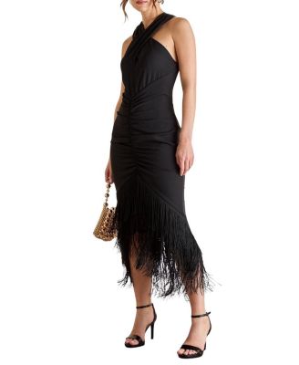 Fringe Hem Cross Neck Midi Dress