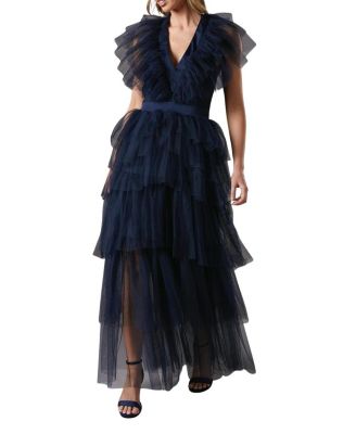Mesh V-Neck Halter Tiered Maxi Dress