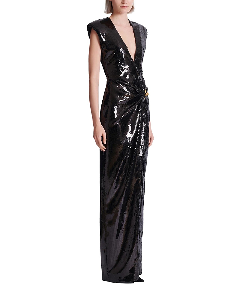 Balmain Long Draped Sequin Dress with Embellished Detail