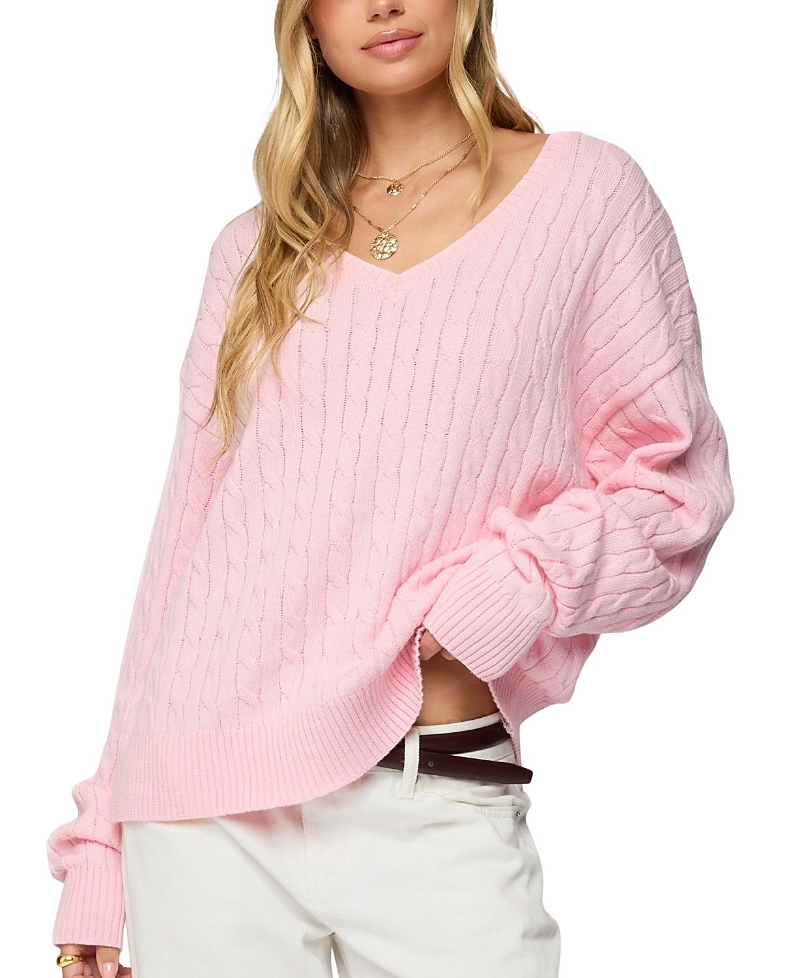 Edikted Polly V Neck Cable Knit Sweater