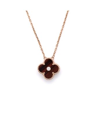 Vintage Alhambra Pendant Necklace 18K Rose Gold and Tiger Eye with Diamond, 15 - 16.75"