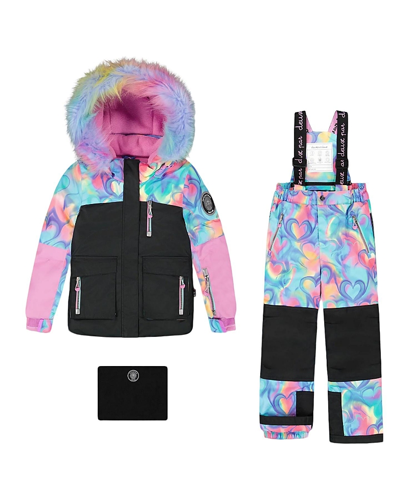Deux par Deux Girls' Two-Piece Play Heart and Colorblocked Snowsuit - Big Kid