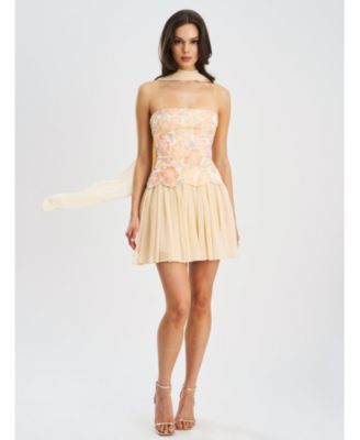 Quanisha Beaded Floral Mini Chiffon Dress with Scarf