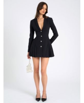 Ria Blazer Mini Dress with Crystal Button and Pleated Detail