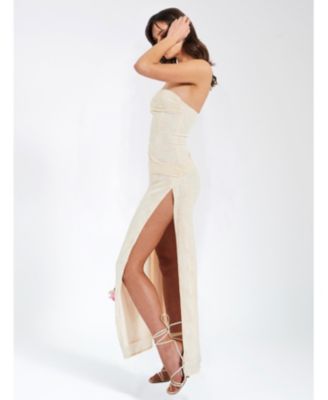 Xatia Strapless Jacquard High Slit Maxi Dress