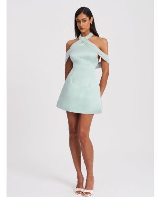  Zafrina Halter Off Shoulder Backless Mini Dress