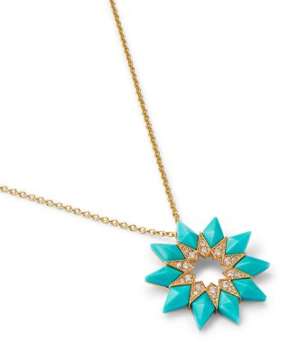 Turquoise & Diamond Starburst Pendant Necklace in 14K Yellow Gold, 18"