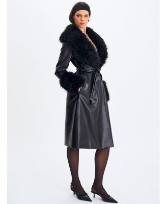  Zariah Faux Fur Trimmed Longline Faux Leather Coat