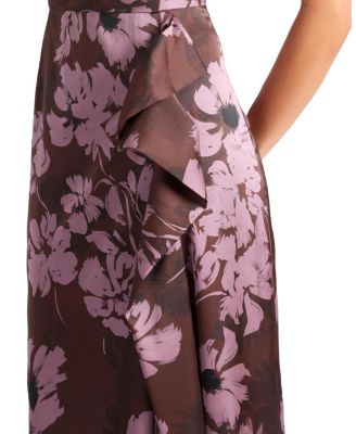  Nica Sleeveless Dress with Side Ruffle in Floral Twill Crepe