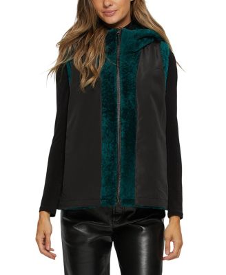 Shearling Lamb Zip Vest Hooded Reversible To Taffeta