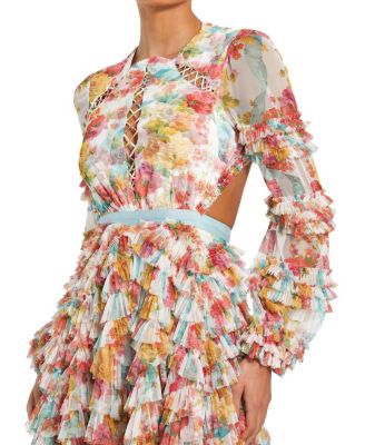  Long Sleeve Tiered Ruffle Cutout Criss Cross Dress