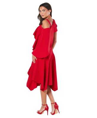 One Shoulder Ruffle Crepe Midi Dress