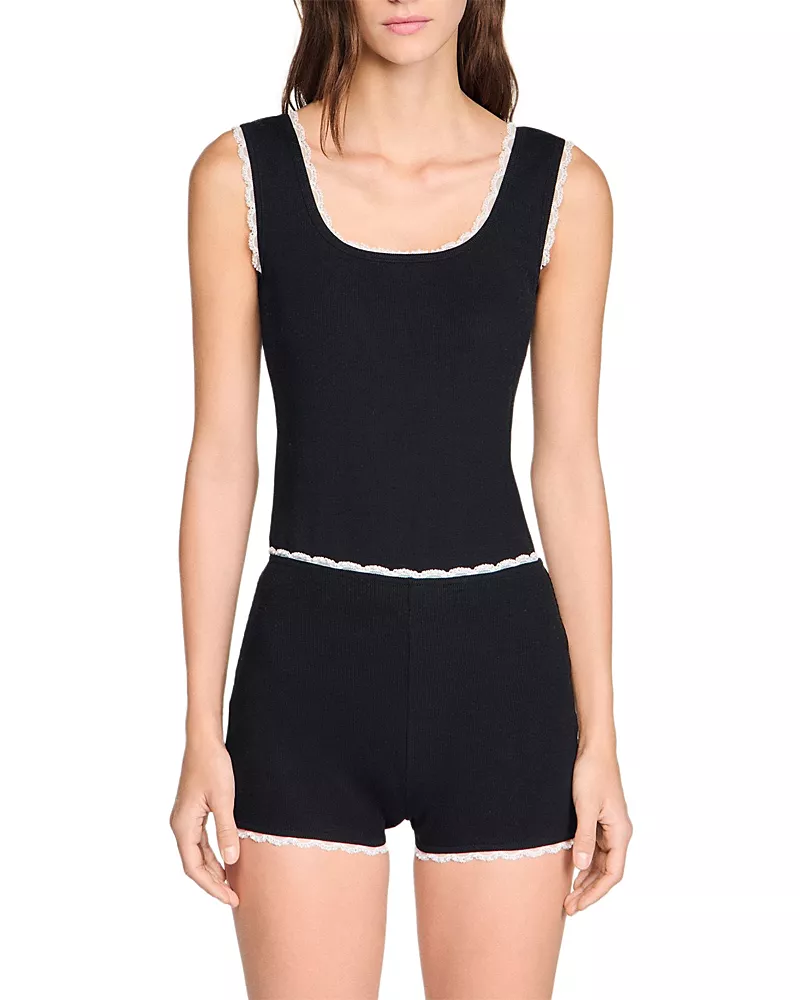Sandro Bead Embroidered Ribbed Shorts