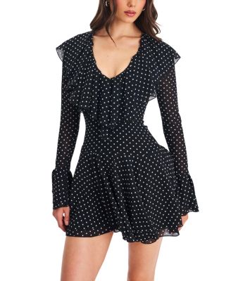 Omari Chiffon Polka Dot Ruffled Neckline Mini Dress