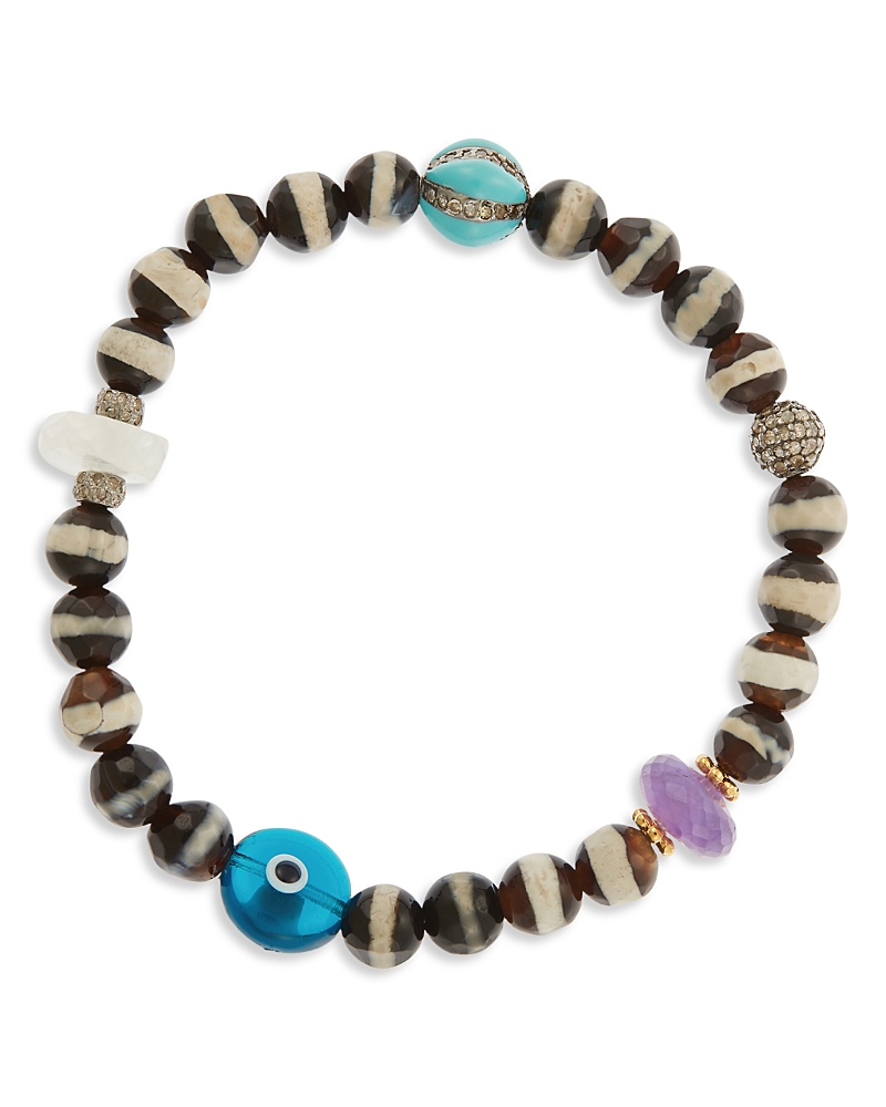 Ileana Makri Multi Gemstone & Gray Diamond Striped Bead Stretch Bracelet in 18K Yellow Gold & Sterling Silver
