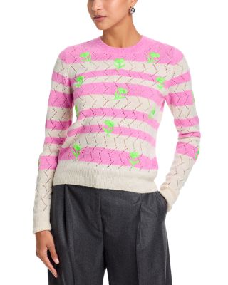 Striped Intarsia Knit Sweater with Flower Embroidery