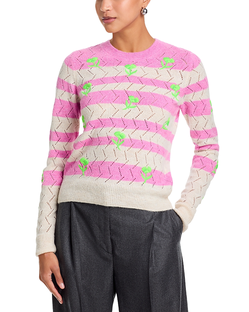 Essentiel Antwerp Striped Intarsia Knit Sweater With Flower Embroidery In Pink