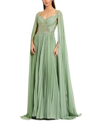  Cape Sleeve Pleated Charmeuse Beaded Gown