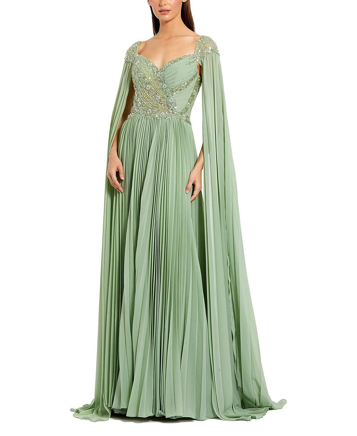 Mac Duggal Cape Sleeve Pleated Charmeuse Beaded Gown