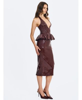  Jaslene Peplum Faux Leather Halter Midi Dress