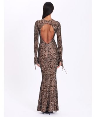  Waylynn Burnout Velvet Detail Mesh Backless Maxi Dress