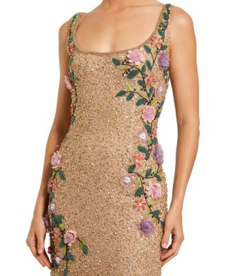 Floral Beaded Mesh Scoop Neck Sleeveless Gown