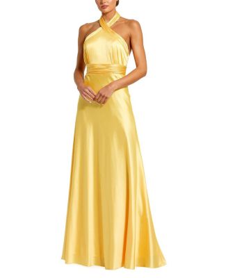  Ruched Halter Neck Tie Back Satin Gown