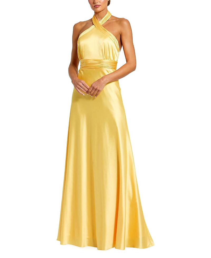Mac Duggal Ruched Halter Neck Tie Back Satin Gown
